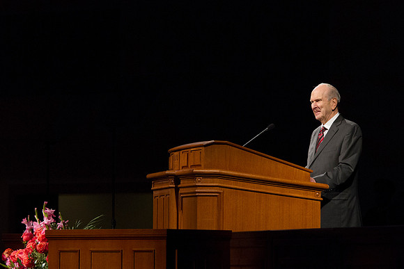 Elder Russell M. Nelson speaks to the faculty and students during the BYU-Idaho Devotional, held in the I-Center. Photo by Tyler Rickenbach