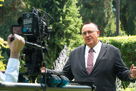Video production of Vice President, Jon Linford, in the Thomas E. Ricks Gardens for the We're In This Together campaign.