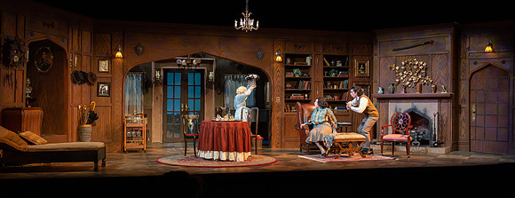 Drama dress rehearsal for the Blithe Spirit play in the Snow theater.