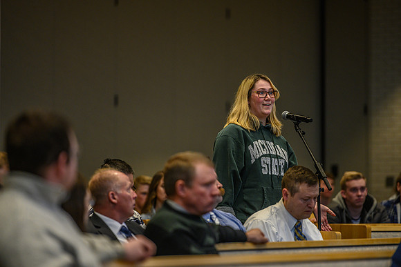 Students participate in the Q&A portion of the forum with Don Sleight, CEO of AgReserves, Inc for The Church of Jesus Christ of Latter-day Saints on the topic of: Learning From Science, Learning From