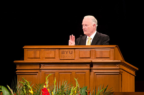 President and Sister Clark speak at the first devotional of the Spring 2014 semester.