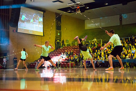 Brigham Young University-Idaho students, faculty and guests participate in the annual slam dunk competition held in the Hart Gym. Events included are the three-point shoot-out, a Spirit team performan