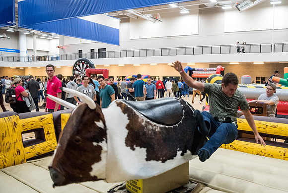 First Friday is a campus event to kick off the new semester with activities, inflatables, food, and dancing. Fall Semester.