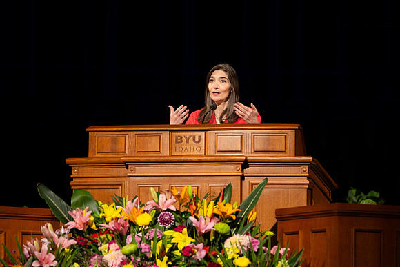 Sister Andrea Muñoz Spannaus and her husband Alin Spannaus speak to students at BYU-Idaho.