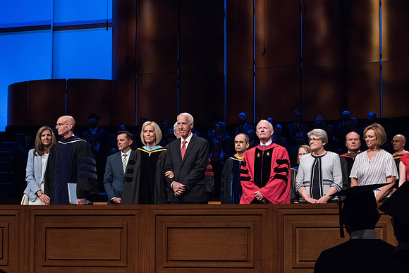BYU-Idaho Graduation. Joy D. Jones, Kim B. Clark, Henry J. Eyring and their spouses during Commencement. Spring 2019