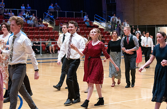 Students perform in a dance competition at the Hart Auditorium.