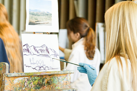 A close-up of a student's landscape in Brother Bodily's Painting Class.