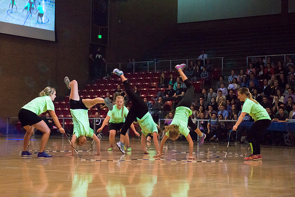 Brigham Young University-Idaho students, faculty and guests participate in the annual slam dunk competition held in the Hart Gym. Events included are the three-point shoot-out, a Spirit team performan