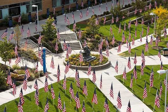 Flags on display in the Central Quad celebrate Constitution Day. "Remembering the brave men and women who gave so much for our Independance and the freedoms we now enjoy."