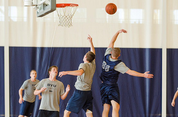 BYU-Idaho students playing basketball at the I-Center on campus