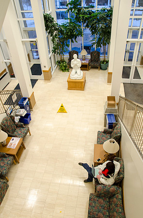 Hinckley Building lower entrance with statue of the boy Joseph Smith.
