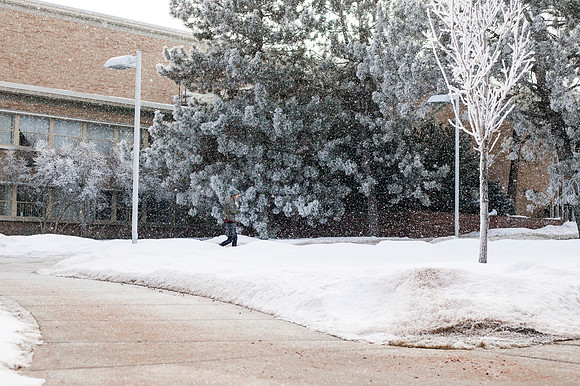 Snow falls gently to the ground as a student passes by on her way to class.