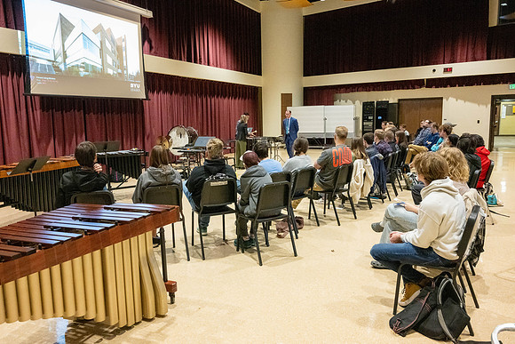 Members of the United States Marine Band work with students in a Masters class.
