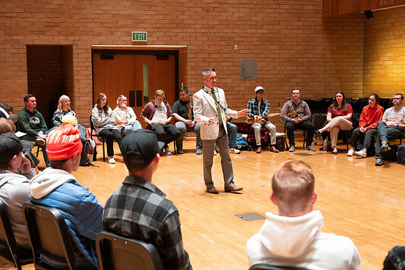 Members of the United States Marine Band work with students in a Masters class.