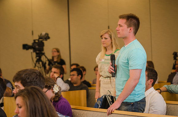 Students were given an opportunity to ask President Kim B. Clark questions during an open forum.
