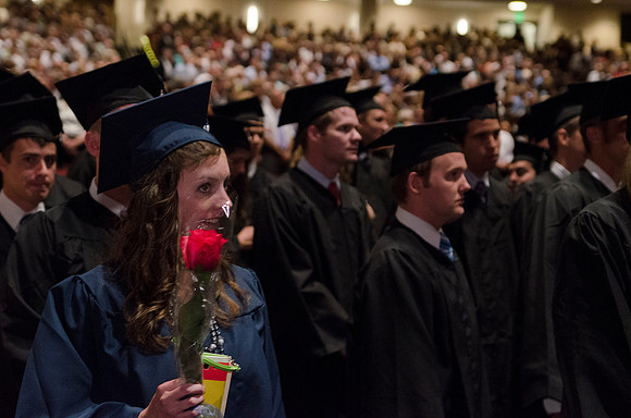 Graduating students from the 2014 Spring Semster gather in the I-Center for commencement.