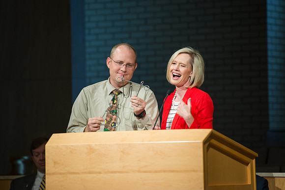 Sister Bonnie Cordon in the General Young Women's Presidency addresses Employees gathered in the Taylor Chapel.