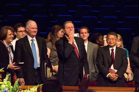 Elder Holland blowing goodbye kisses to BYU-Idaho Students