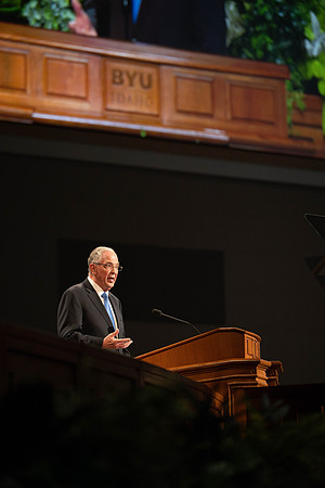 Elder Neil L. Anderson addresses the students at BYUI in the I-Center during devotional.