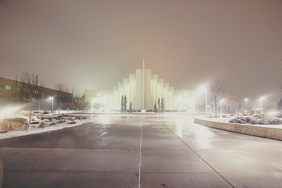 The Taylor Chapel during the night of graduation at BYU-Idaho