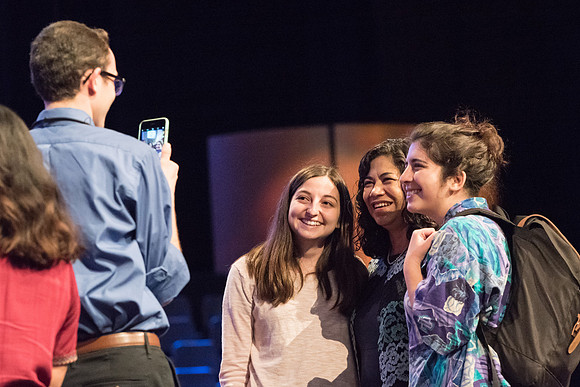 Sister Reyna Aburto interacts with students after her devotional address.