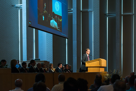 President Clark G Gilbert addresses employees in an all employee meeting. Sept 2016.