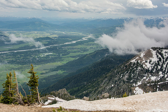 Jackson Hole Ski area. Scouting out Rock Spring Buttress for video shoot. Views from the top of the Ski Resort via the Aerial Tram