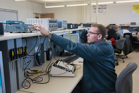 Students work and study in the Electrical Engineering labs in the Austin Building.