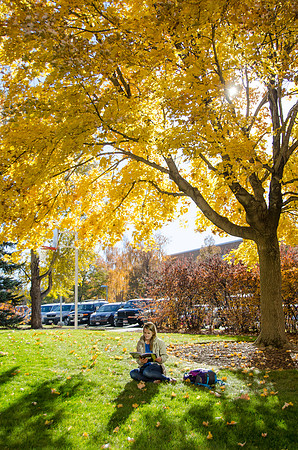 Leanna Davidson enjoys the fall weather as she studies outside