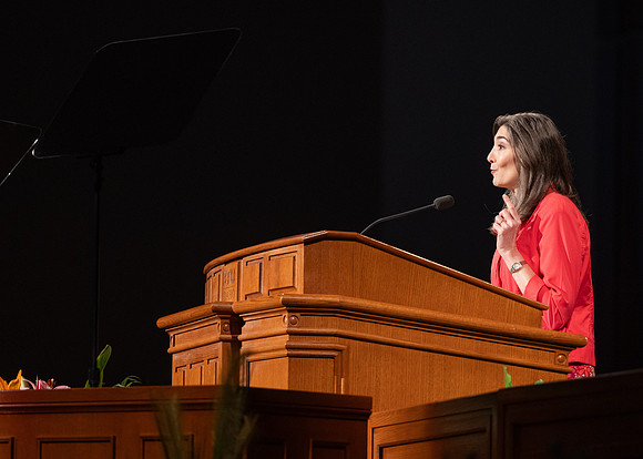 Sister Andrea Muñoz Spannaus and her husband Alin Spannaus speak to students at BYU-Idaho.