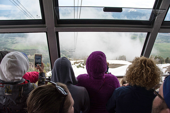 Jackson Hole Ski area. Scouting out Rock Spring Buttress for video shoot. Aerial Tram ride to the top.