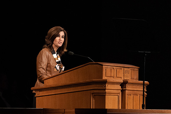 Sister Lisa Harkness, First Counselor in the Primary General Presidency, speaks to students at a devotional at BYU-Idaho.