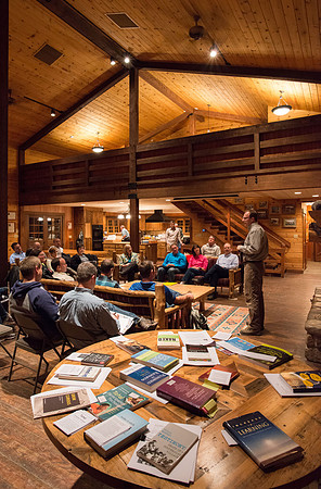 Retreat for teachers at the Sky Mountain Lodge in Victor, Idaho. Participants share a favorite book.