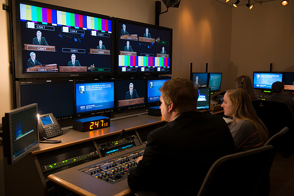 Behind the scenes of devotional: In the AV Camera Control room students run five mounted cameras in the BYU-I Center auditorium.