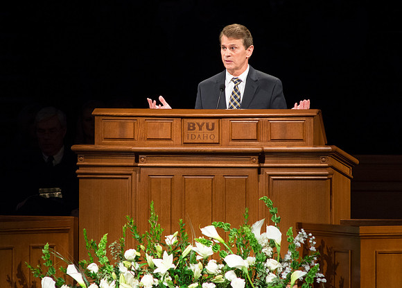 Randall L. Ridd, Second Counselor of the Young Men General Presidency, addresses young adults at the Worldwide Devotional held in the BYU-Idaho Center on Sunday, 11 January, 2015. Photo by Ryan Chase