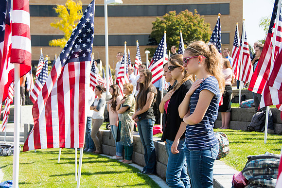 Flags on display in the Central Quad celebrate Constitution Day. "Remembering the brave men and women who gave so much for our Independance and the freedoms we now enjoy."
