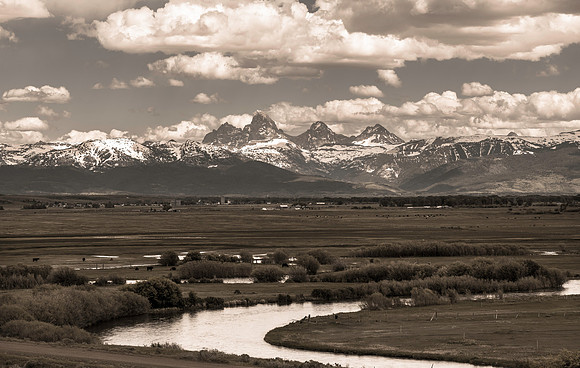The Grand Teton at 13776 feet is the tallest of the peaks in the Teton Mountain range. View from the Idaho side including the Teton Valley.