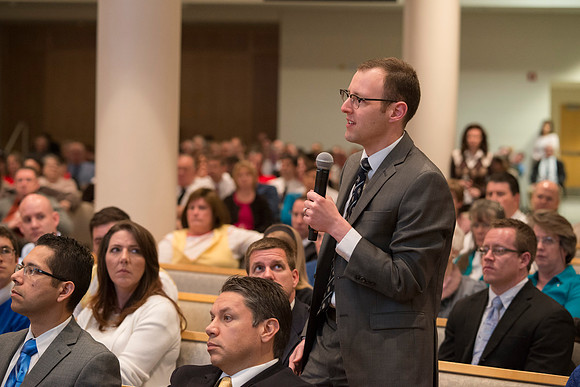 Employees gather in the Taylor Chapel for an All Employee Meeting where President Clark talked about the growth and future of Pathway and Online Learning.