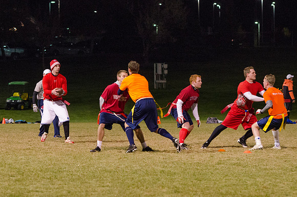 BYU-Idaho students play flag football with the rec sports program on BYU-Idaho campus