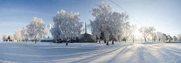 The Church of Jesus Christ of Latter Day Saints, church building in Sugar City, Idaho on a frosty winter morning.