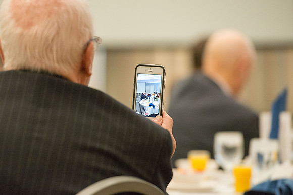 Ricks College Alumni gather to honor John and Trudy Bidwell at an Emeritus Breakfast.