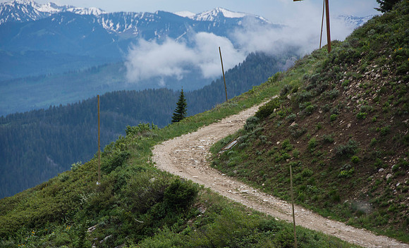 Jackson Hole Ski area. Scouting out Rock Spring Buttress for video shoot. Aerial Tram ride to the top.