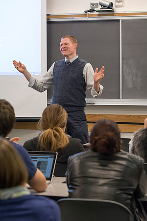 Jeremy Lamoreaux, faculty member of the Brigham Young University-Idaho Political Science department, teaching in class.