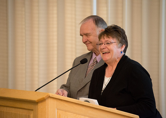 Ricks College Alumni gather to honor John and Trudy Bidwell at an Emeritus Breakfast.