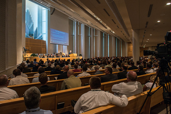 Elder Gerrit W. Gong of the First Quorum of the Seventy addresses employees in an all employee meeting. Sept 2016.