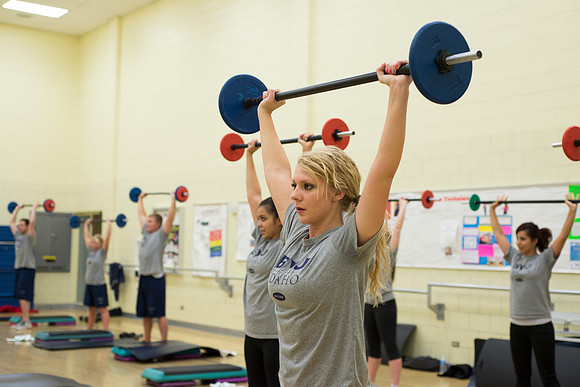 Students exercise in the Power Shred fitness class sponsored by the Wellness Center.