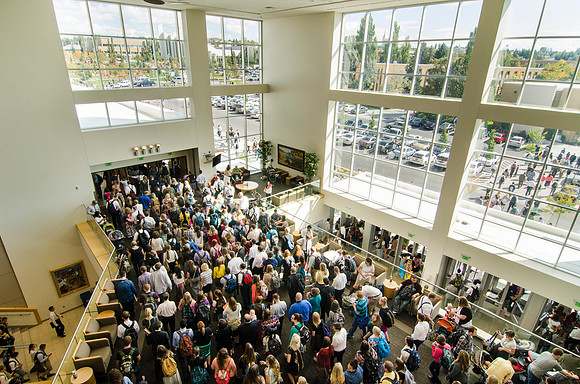 Students leaving the I-Center after Devotional with Elder Holland.