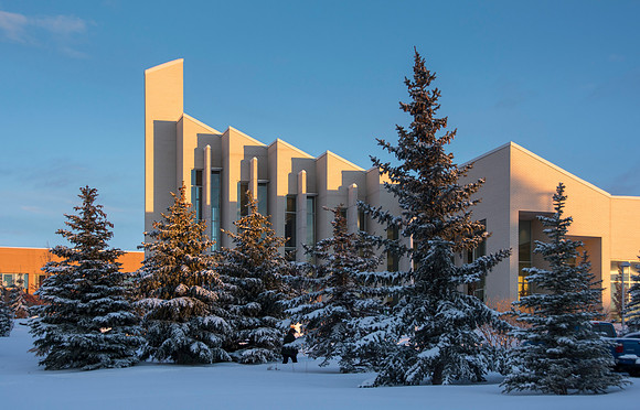 BYU-Idaho John Taylor Building; campus after a winter storm.