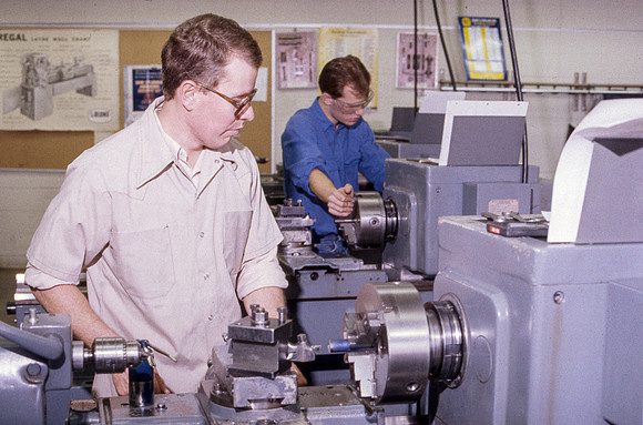 Student works alongside teacher in Manufacturing Technology. January 1990.