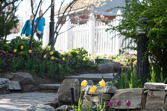 Students walk through the gardens after class during the 2014 Spring Semester.